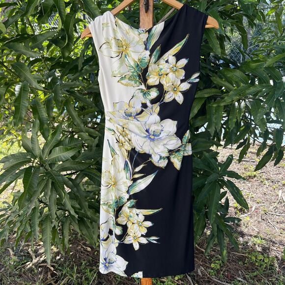 Lauren Ralph Lauren Size Sheath Dress Floral Ruched Stretch Black Sleeveless 2 - Picture 4 of 11